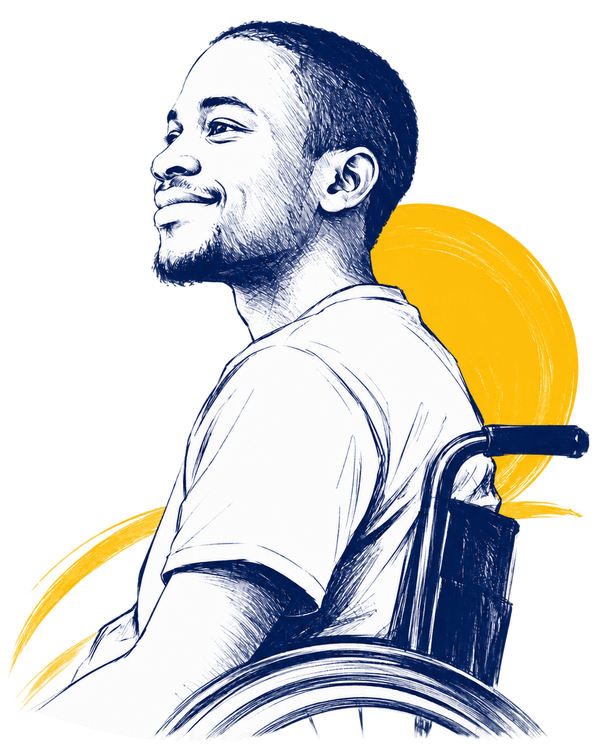 Ink illustration of a smiling young man in a wheelchair against a yellow arc