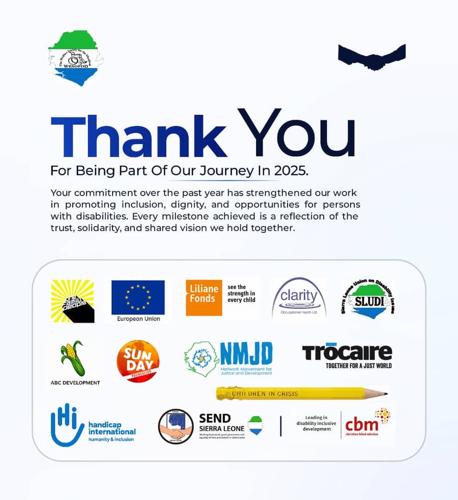 WESOFOD-SL thank-you graphic for 2025 showing partner logos: OneFamilyPeople, the European Union, Liliane Fonds, Clarity Occupational Health, SLUDI, ABC Development, Sunday Foundation, NMJD, Trócaire, Children in Crisis, Humanity and Inclusion, SEND Sierra Leone and Christian Blind Mission