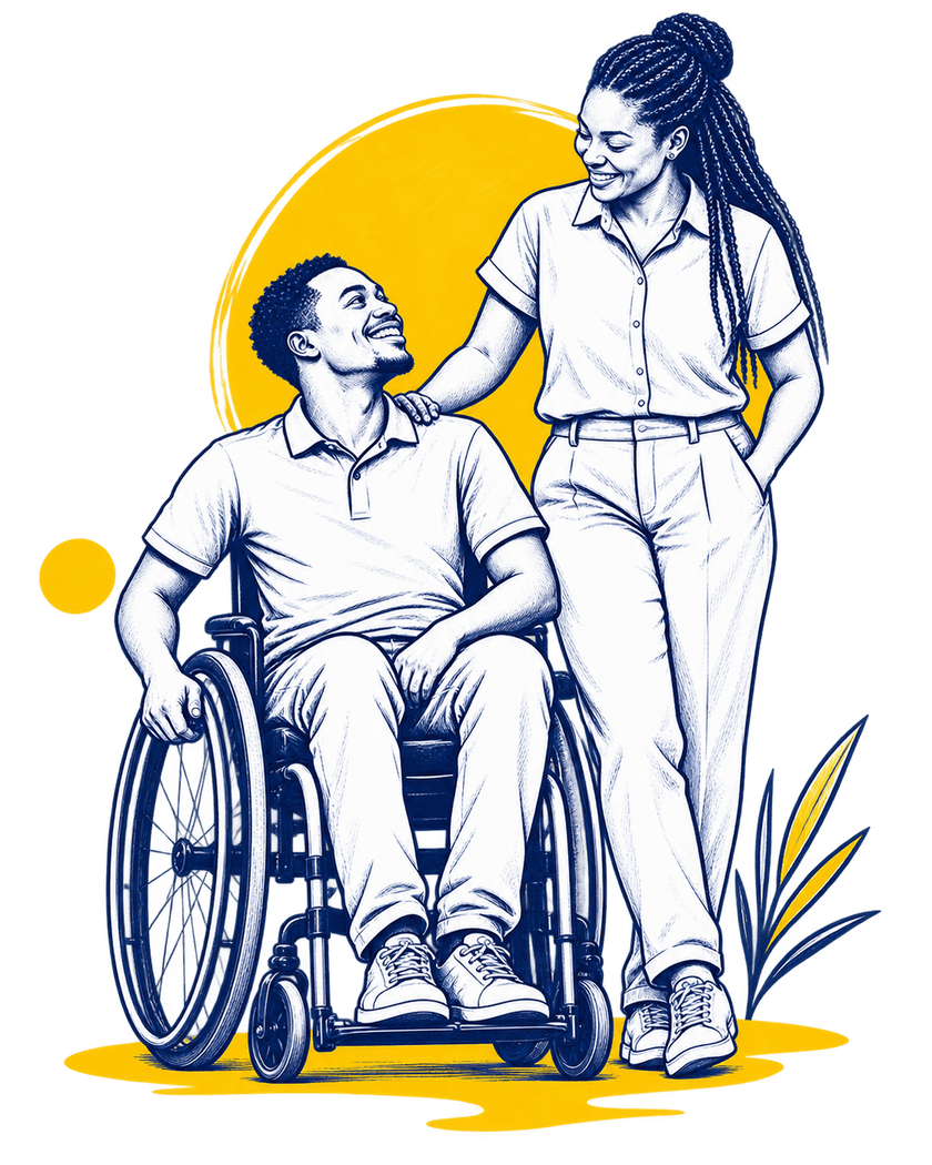 Ink illustration of a smiling woman standing beside a smiling man in a wheelchair